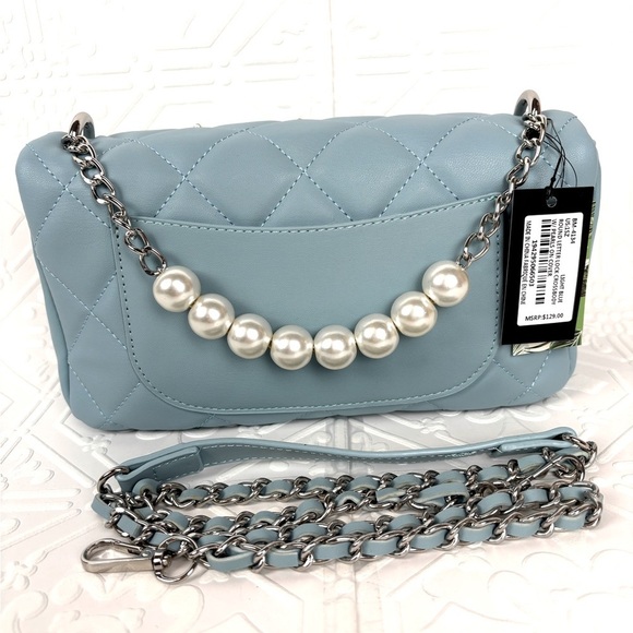 NWT Badgley Mischka‎ Baby Blue Crossbody Purse w/Metal and Pearl Strap - Picture 7 of 8